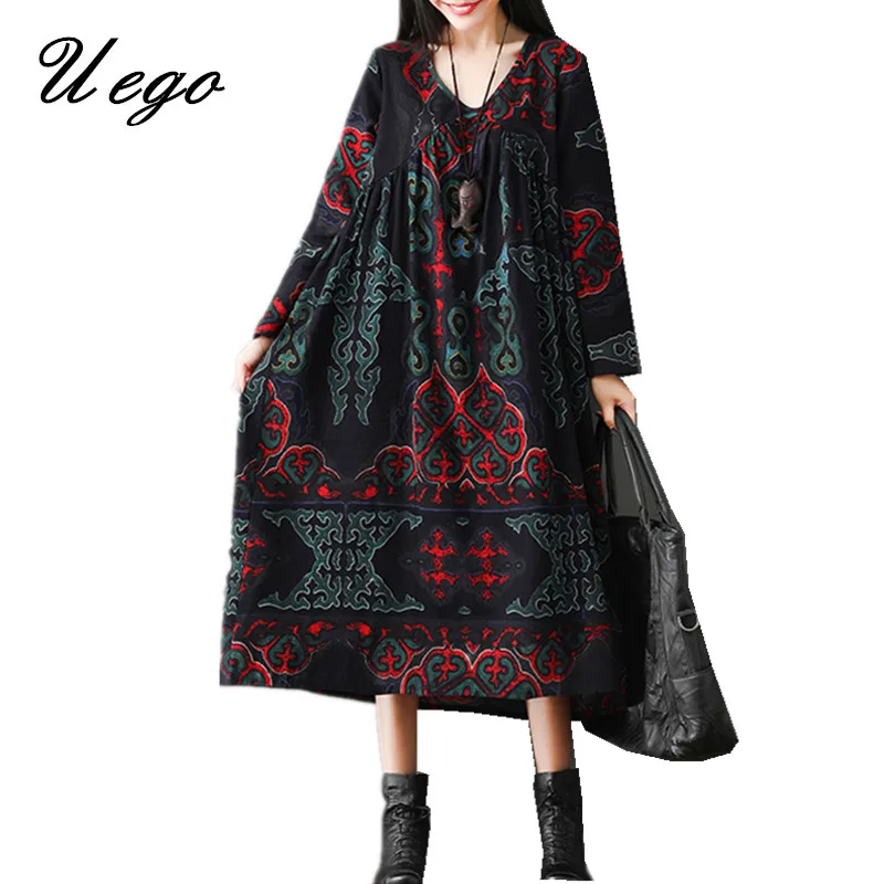 

Uego Long Spring Dress Cotton Linen Printing Floral V-neck Loose Vintage Party Dress 2019 New Women Casual Dress Female Vestidos