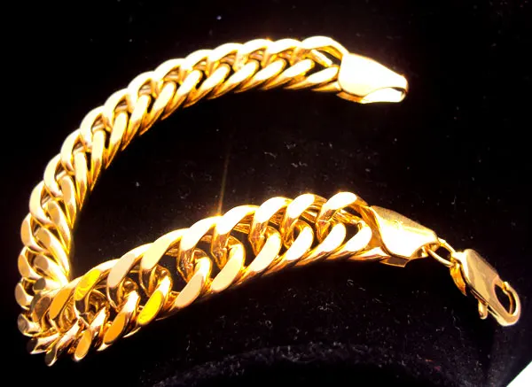 Тяжелый мужской браслет-цепочка 24 K желтого твердого золота с толстым кубаном