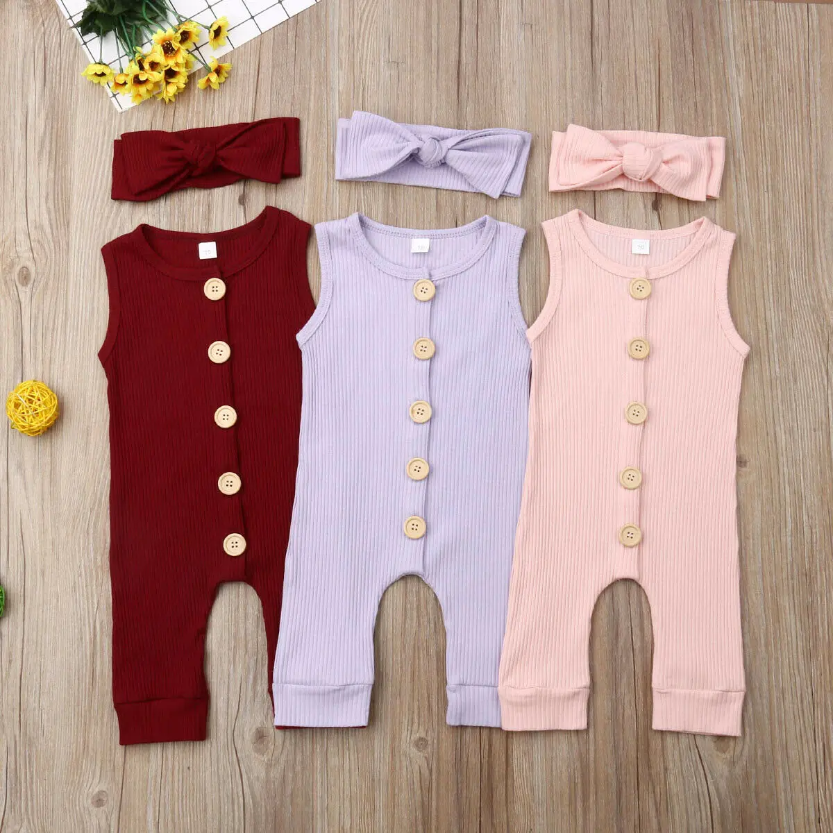Pudcoco Newborn Baby Boy Girl Clothes Solid Color Sleeveless Button Knitted Cotton Romper Jumpsuit One-Piece Outfit Playsuit Set
