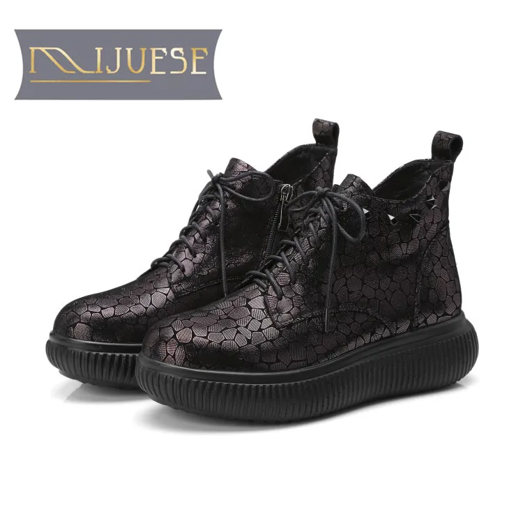

MLJUESE 2018 women ankle boots sheepskin lace up checkered gray color autumn spring women platform boots women size 34-42