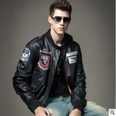 

Autumn New Men Fashion Patchwork PU Leather Pilot Jackets Long Sleeve Tops Flight Jackets Male Plus Size Slim Coat Clothes