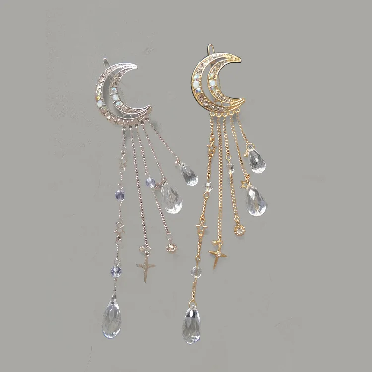

Fashion Woman Hair Accessories Moon Tassel Crystal Hair Clip Crescent Moon Fringe Hair Clip Headwear