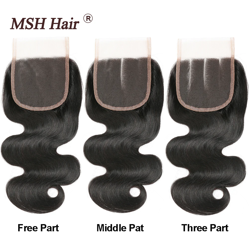 Baratos Mechones de cabello humano postizo brasileño de la onda del cuerpo del pelo de la MSH con 4*4 Cierre de encaje 130% densidad no Remy medio Ratio