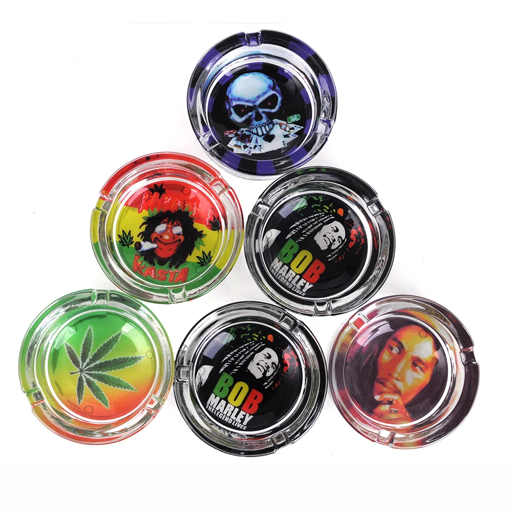 

ONUOSS Newest Design 6 Patterns Special Ashtray Round Shape With Container Glass Tobacco Cigar Ashtray Random 005S