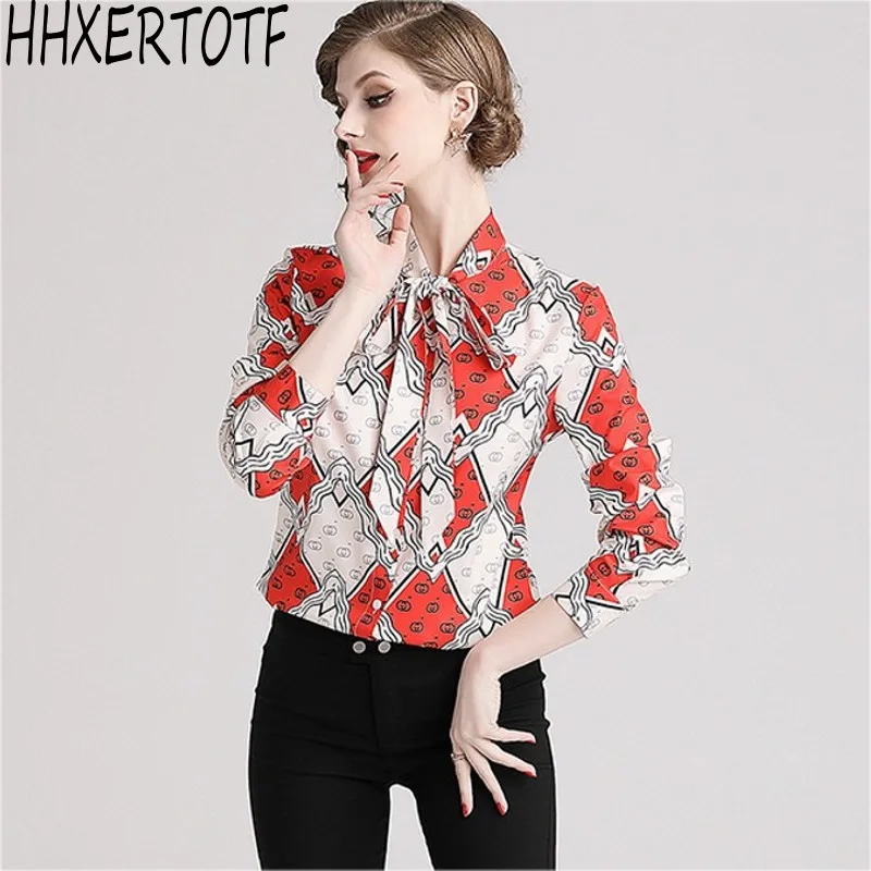 

2019 Spring Summer Fall Runway printing Collar Long Sleeve OL Bow Tie Neck Womens Party Casual Top Shirts Blouses