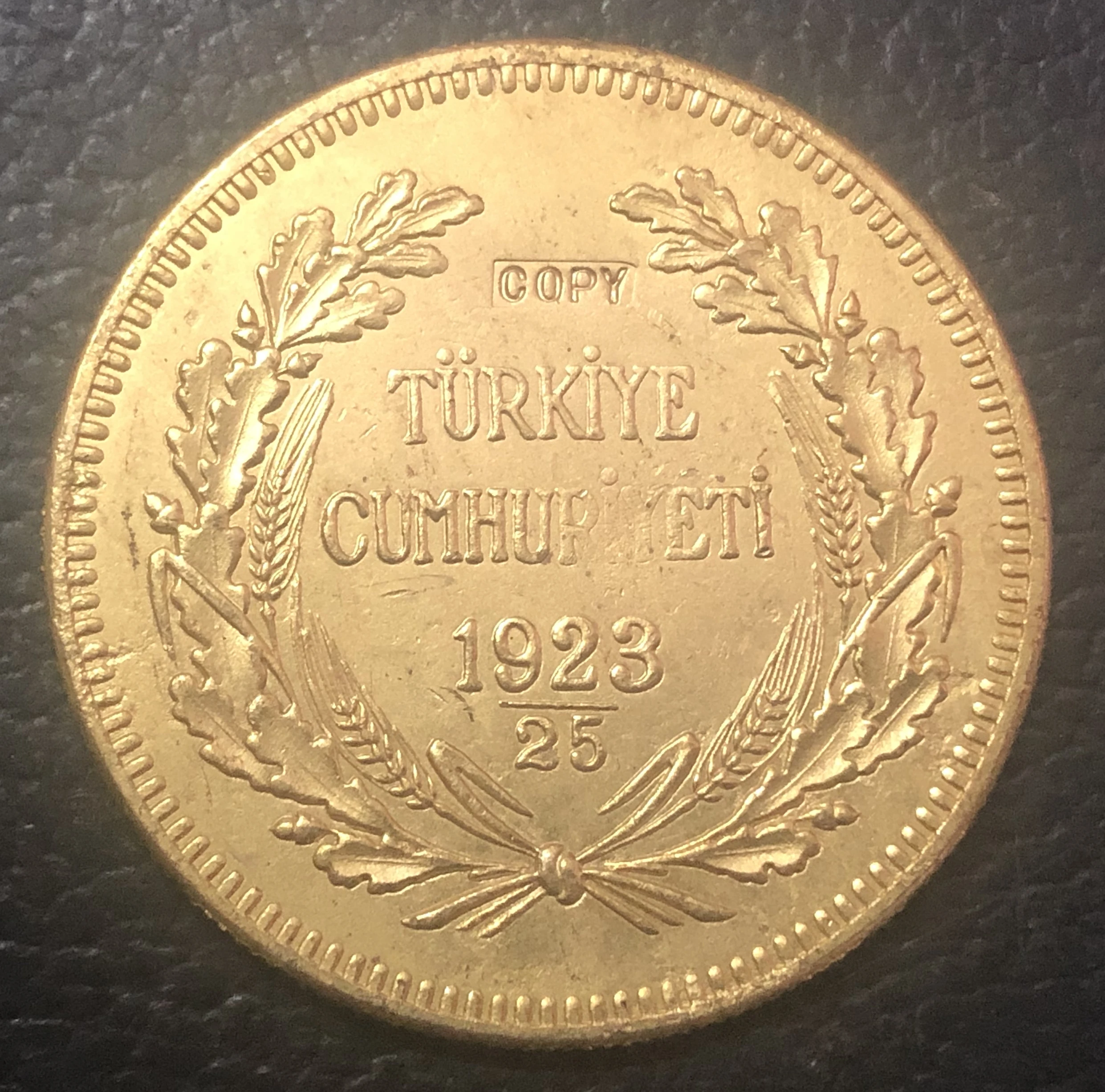 1923/25 Turkey 500 Kurus 22k Gold plated exact Copy Coinin Non