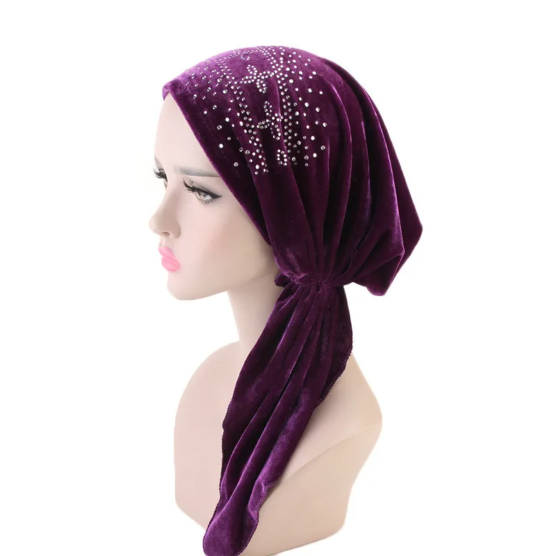 Женский велюровый тюрбан шляпа Мода Бриллианты мусульманские женские внутренние хиджабы Ткань Голова Кепка шапка женские аксессуары для волос мусульманский шарф шапка - Цвет: Фиолетовый