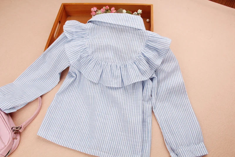 Одежда для девочек-подростков осенние детские блузки в синюю полоску рубашка с длинными рукавами и отложным воротником Детские хлопковые топы, школьная Блуза для девочек