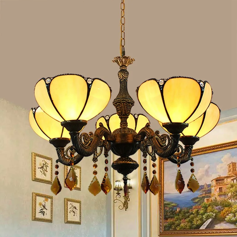 

European style postmodern simple Mediterranean warm yellow coloured glass living room dining room 5 hanging lights