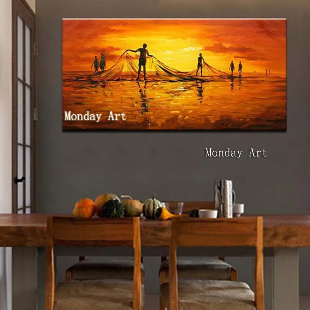 Handpainted-Abstract-Landscape-Oil-Paintings-on-Canvas-Large-Orange-Fishing-People-Painting-Modern-Home-Decor-Wall