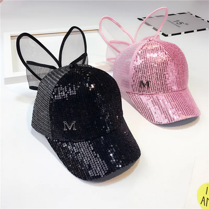 

Summer Kids Baseball Cap Glitter Sequins Rabbit Ear Baby Hat Girls Snapback Hip Hop Cap for 3-8 Years Old Children