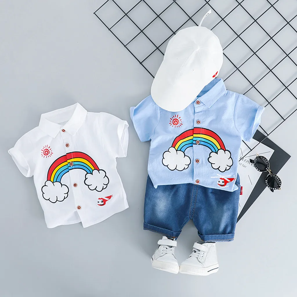 

2019 Summer Toddler Baby Kids Boys Rainbow Tops T-shirt Solid Short Pants Casual Outfits Toddler Kid Clothes Meisje Kleding