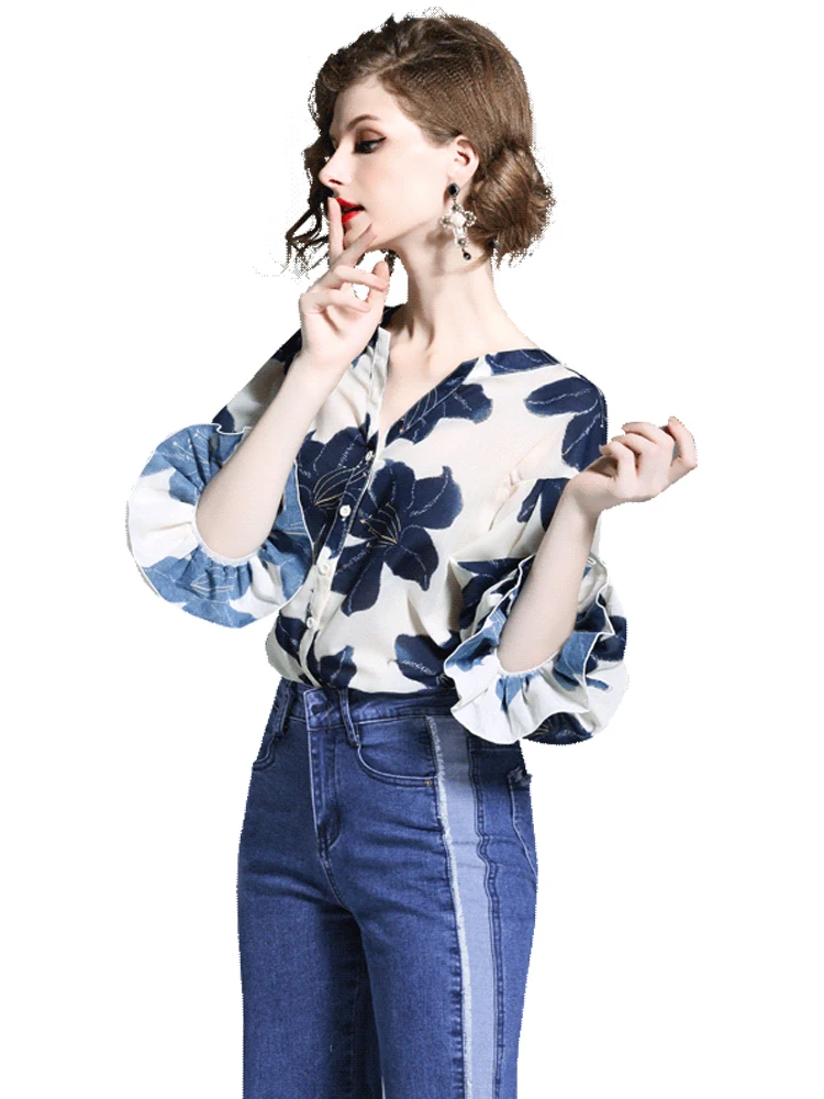 

Autumn Women's Suit Lantern sleeve shirt with high waist and wide leg jeans fashion two-piece set