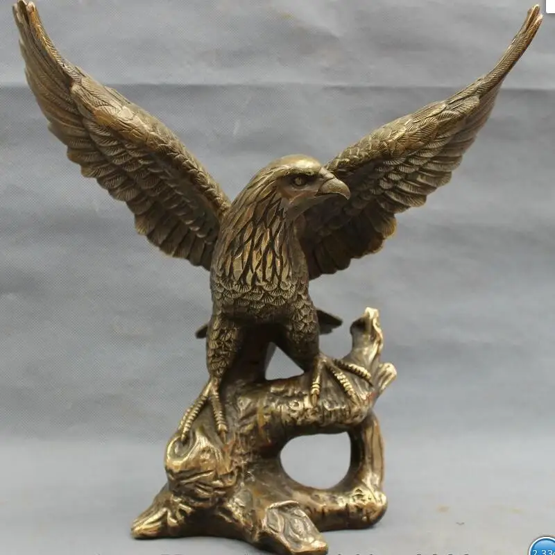 

wan67104032+++12" Folk Home FengShui Chinese Copper Bronze Bird Fly Eagle Hawk On Tree Statue