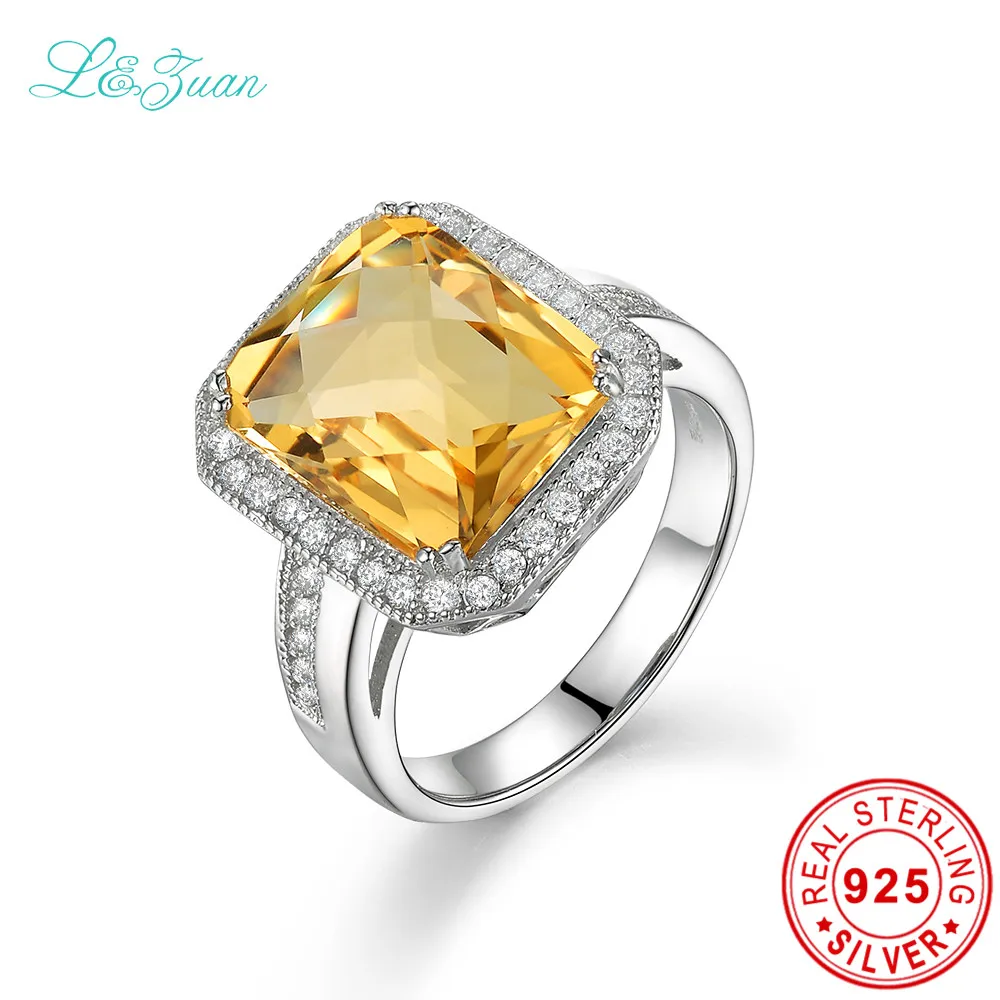 L zuan 925 Sterling Silver Jewelry Ring Citrine Natural Yellow Stone Luxury Models Square Cluster Wedding