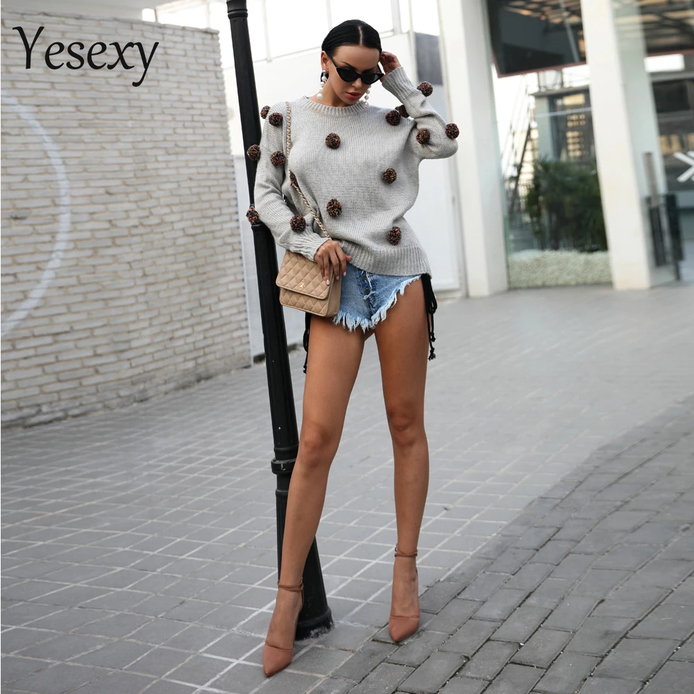 Yesexy, осенне-зимний свободный свитер с круглым вырезом, Женский Декоративный вязаный свитер TB0046
