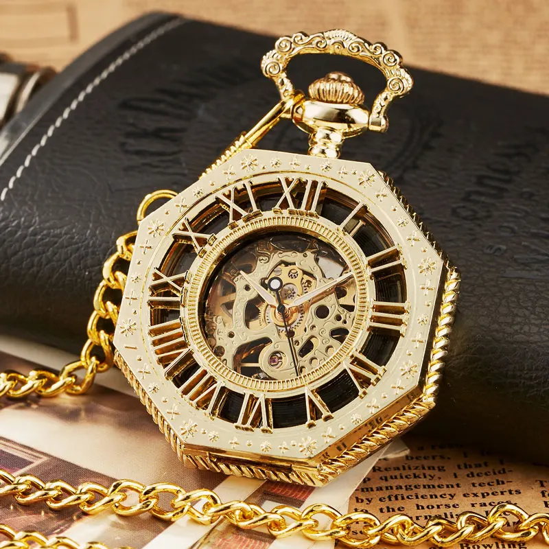 

Luxury Gold Unique Octagon Roman Number Pocket Watch with FOB Chain Steampunk Full Steel Mechanical Hand-winding Pocket Watch