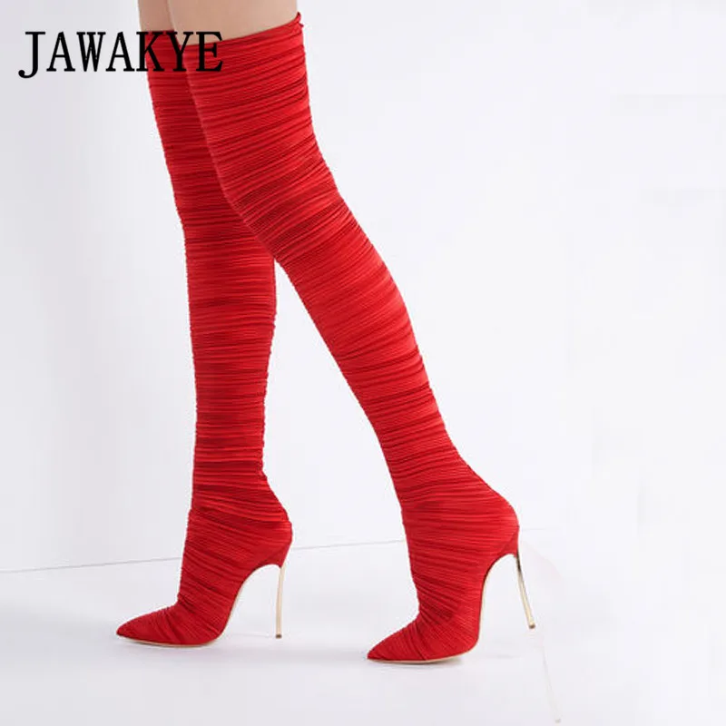 Ranway elastic over the knee boots women sexy pointed toe super thin high heels shoes ladies slim thigh high boots for women