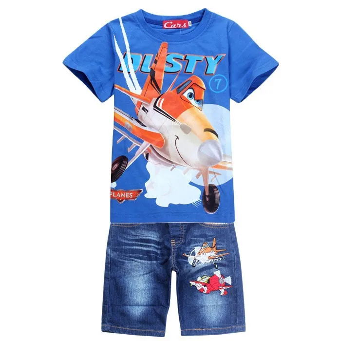 Children Boys Summer Cartoon Plane Shorts Denim Pants Sport Clothing Sets Baby Kids Short Sleeve T Shirt Jeans Clothes Suits