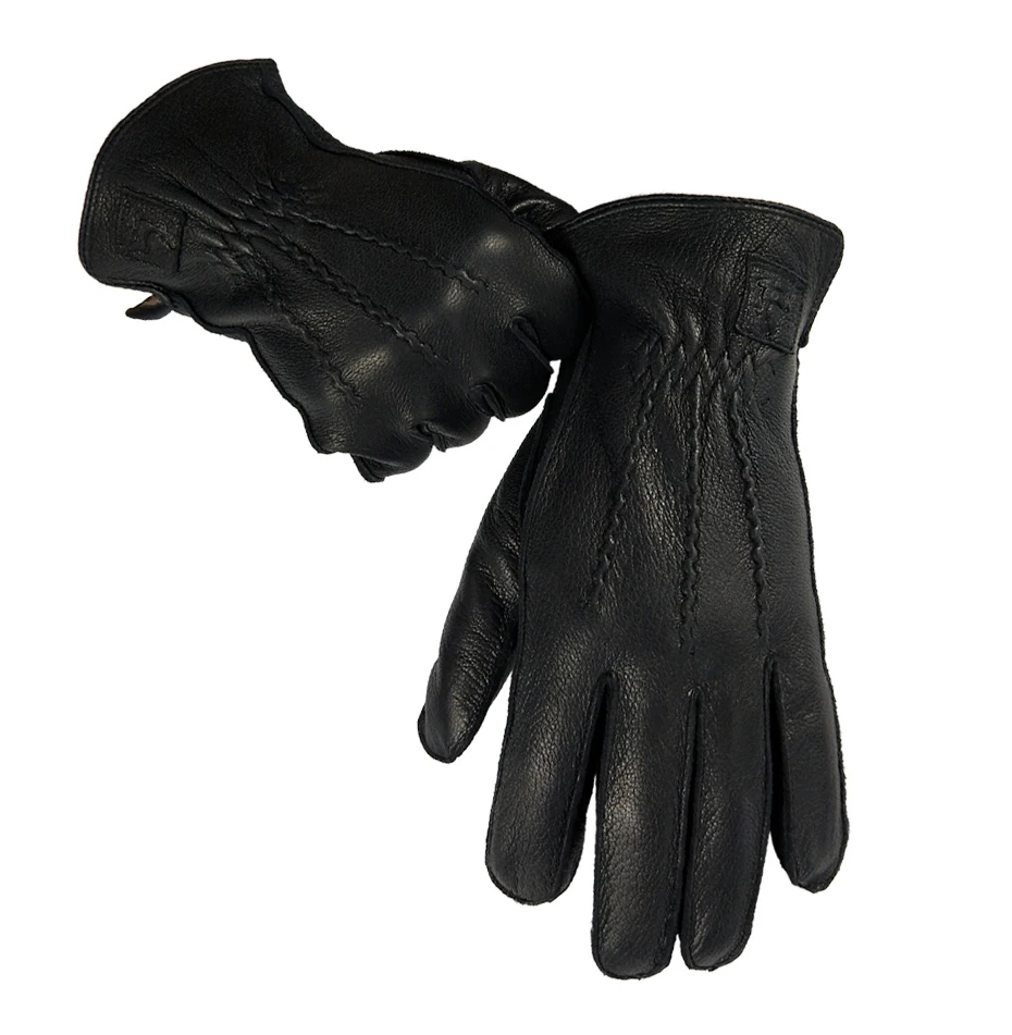 CHING YUN, зимние мужские кожаные перчатки из оленьей кожи, мужские теплые мягкие мужские черные варежки с волнистым узором, 70% шерсть, Lining-WZ01
