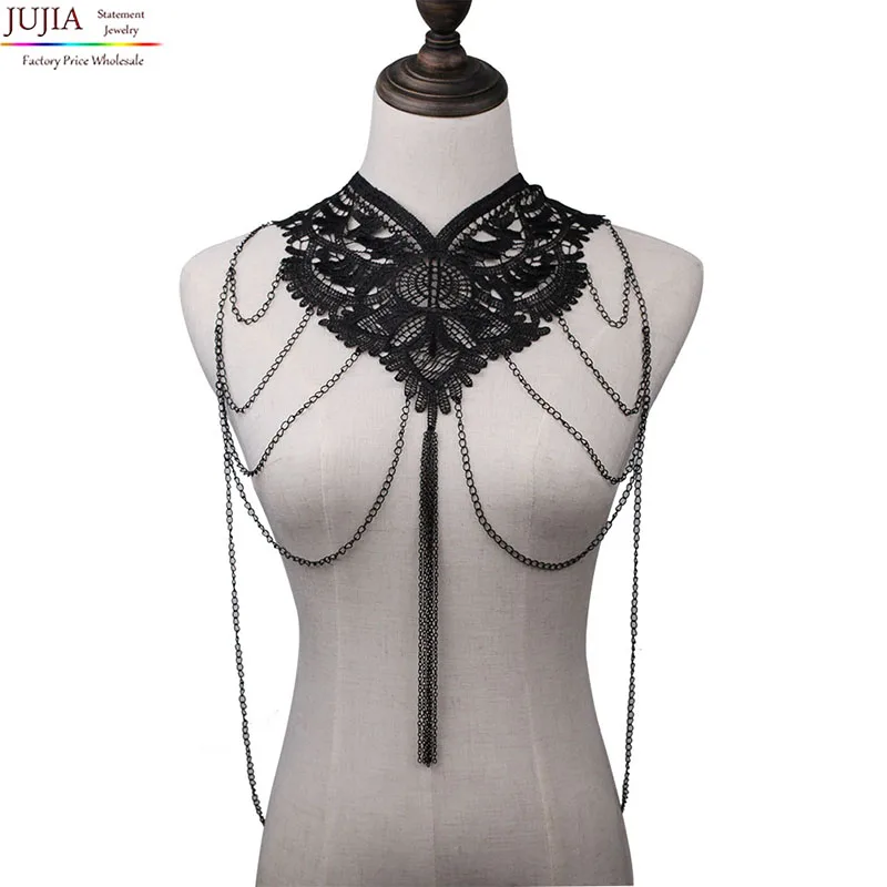 

2017 Lace Flowers black Bodychain Women Hollow Big Gothic Necklace Multilayer chain Party statement Fashion factory