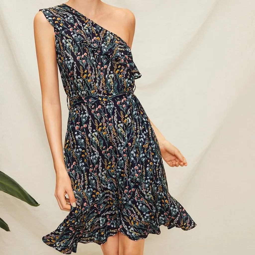 2019 الصيف مثير المرأة أزياء واحد الكتف شاطئ اللباس المطبوعة الركبة طول اللباس حزب vestidos vestido رداء فام sukienki