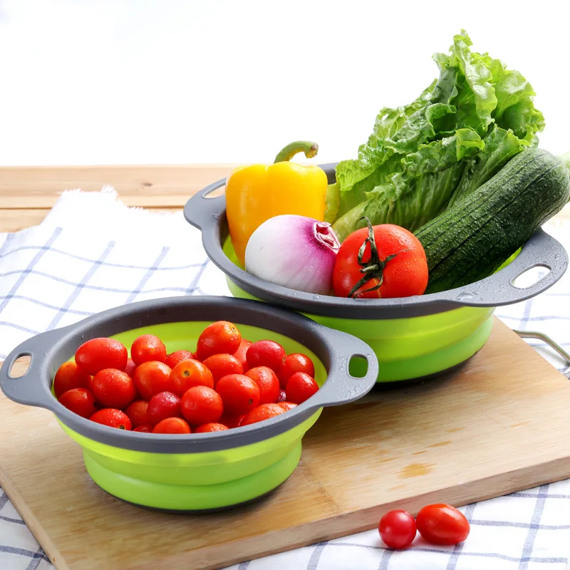 

2pcs/set Foldable Silicone Colander Fruit Vegetable Washing Basket Strainer Collapsible Drainer With Handle Kitchen Tool