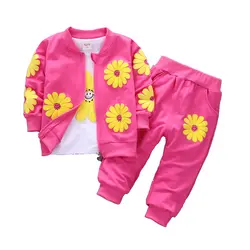 Комплекты спортивной одежды для маленьких девочек; весенне-осенние детские куртки с цветочным принтом; футболки и штаны; комплект из 3