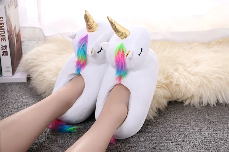 JUKPOP Winter Warm Indoor Slippers Cute Cartoon Plush Unicorn Slippers for Grown Ups White/Black Unisex Home Slippers JKP1640