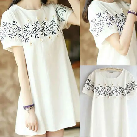 

2019 Summer loose embroidery short sleeve linen elegant dress embroidered fluid one-piece dress plus size clothing dress 343