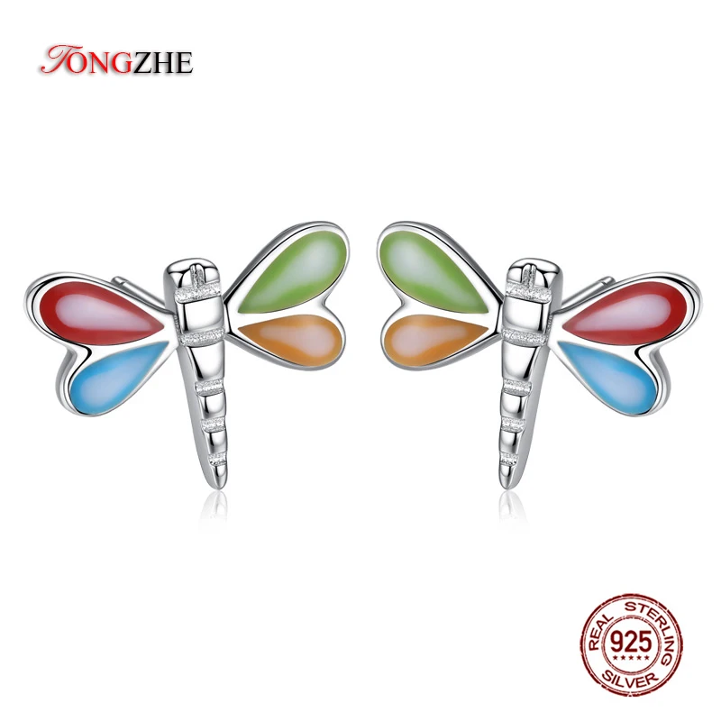 Tongzhe Dragonfly Earrings Women Men 925 Sterling Silver Stud