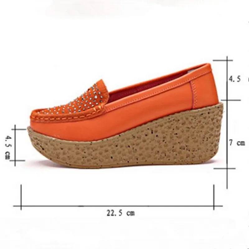 Femme jaune Véritable Hauts Pente Confortable forme Mode Bleu orange De Avec À Nouveau Cuir Strass Plate Femmes Chaussures 2018 En Élégant Talons Des 6fqBwwT