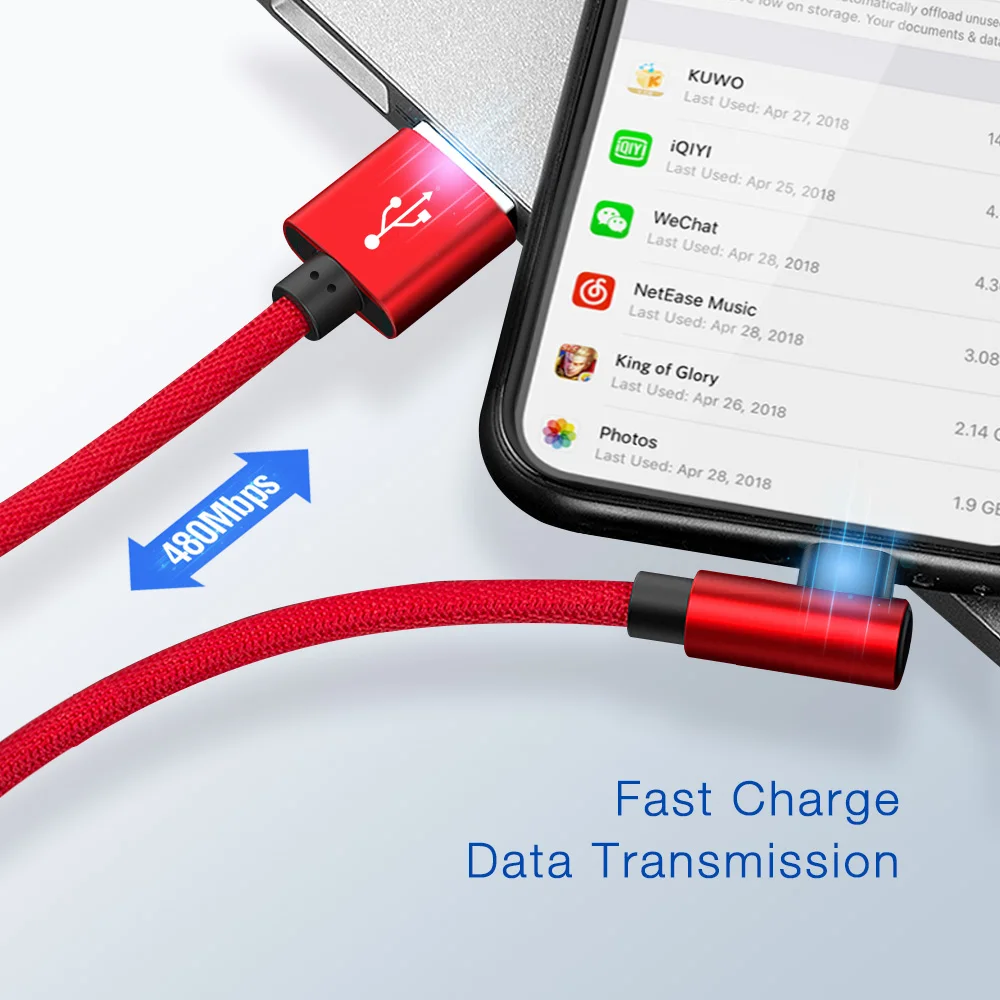 AS ل شحن سريع مع شاحن آيفون 90 درجة USB كابل بيانات ل فون Xr Xs ماكس 8 7 S 6 زائد 6 S SE الهاتف المحمول كابل يو إس بي الحبل
