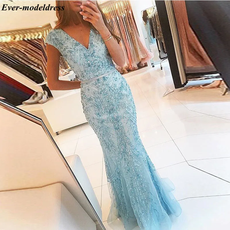 

2019 Luxury Mermaid Prom Dresses V-Neck Beaded Sequined Gala Formal Party Gowns Sweep Train vestido formatura