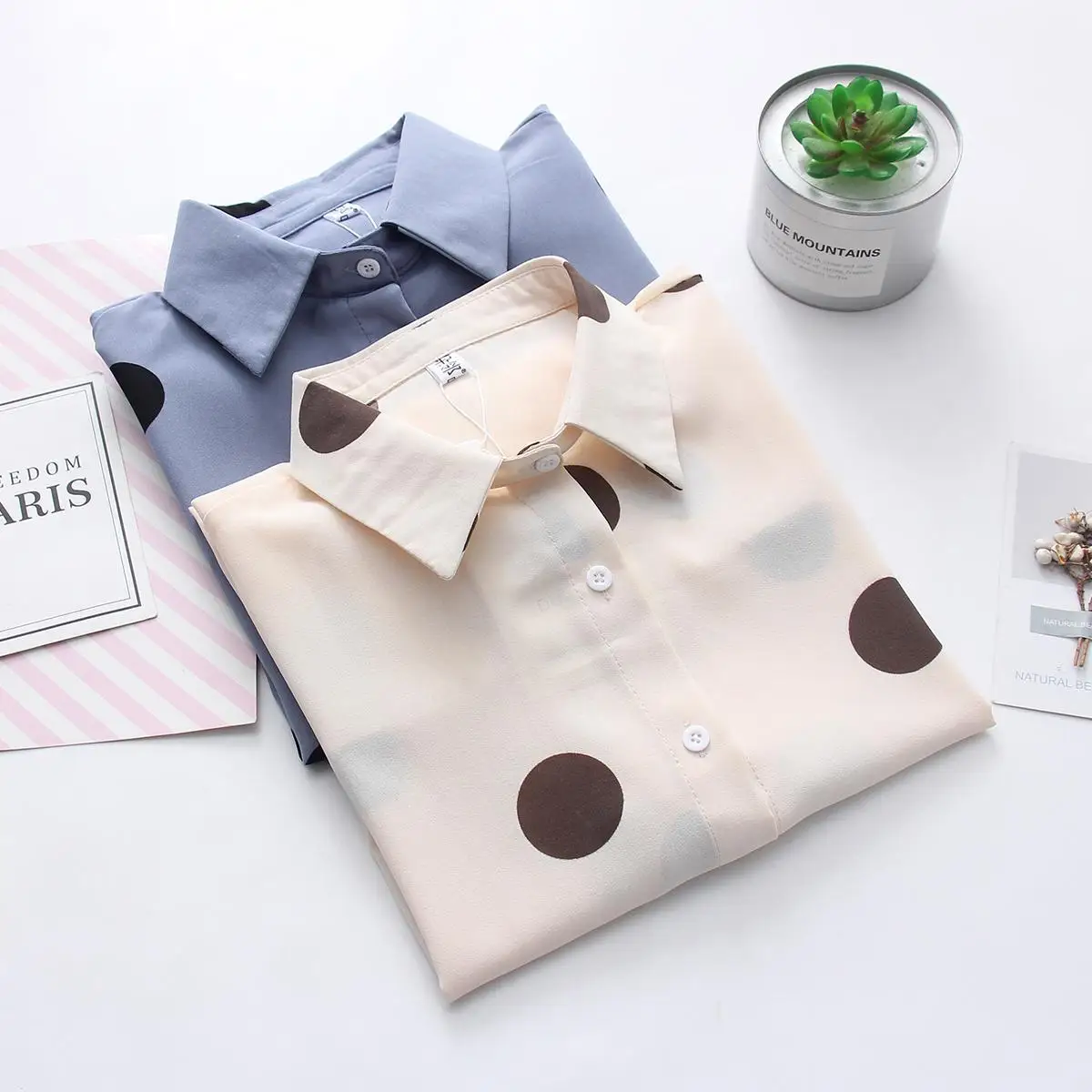 

New Arrival 2019 Chiffon Blouse Women Polka Dot Long Sleeve Shirt Autumn Female Tops Casual Beige Blue