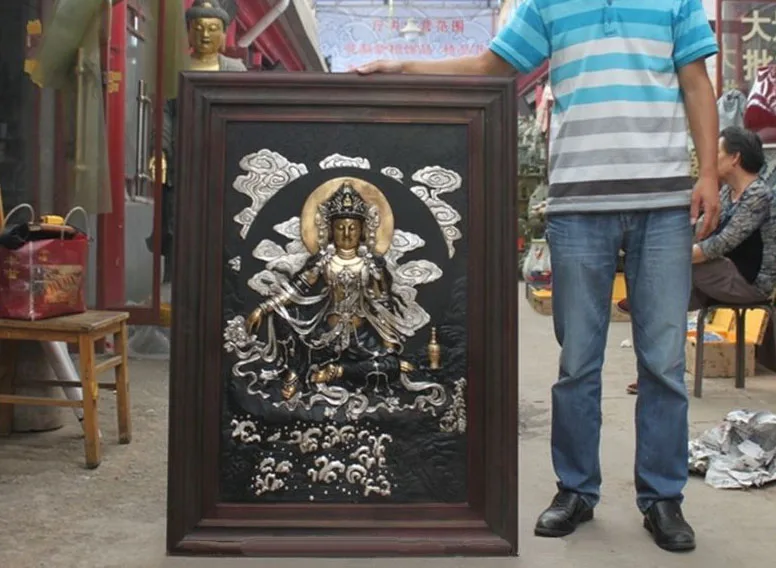 

45 Tibet Temple Wood inlay Copper Silver Kwan-yin Bodhisattva Wall Hang Thangka