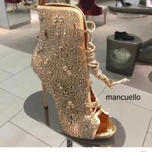 Шикарные золотистые женские ботильоны на шпильке с блестящими кристаллами; блестящие модельные босоножки на шнуровке с открытым носком; Новое поступление