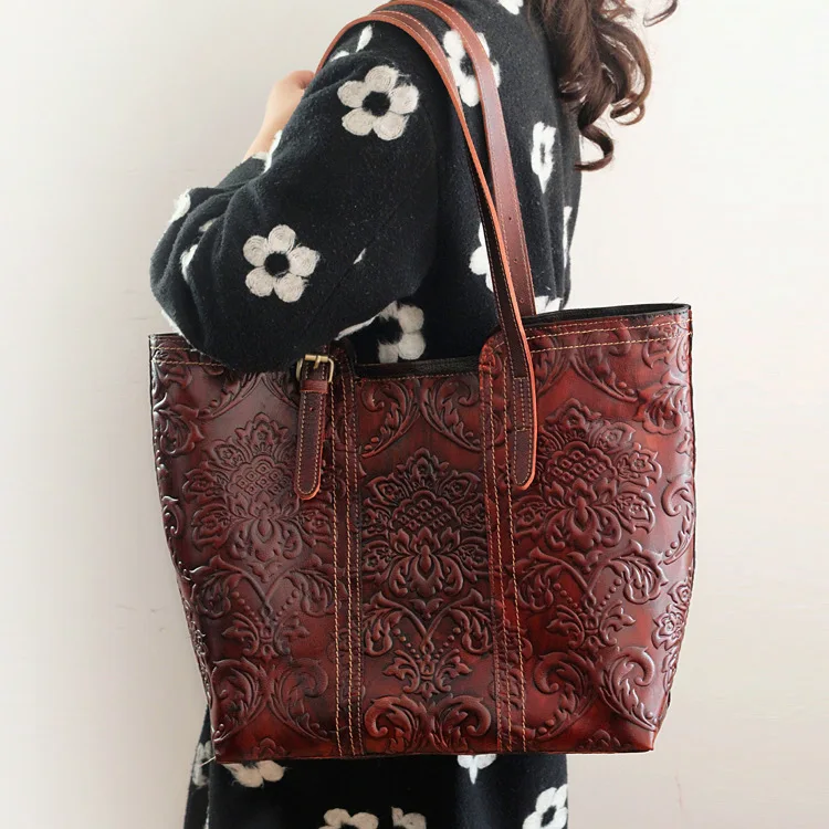 

High Quality Genuine Leather Handmade Vintage Women Shoulder Bag Engraving Flower Embossed Design Ladies Tote Handbags #PD2091