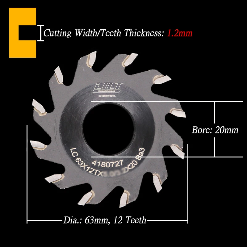 2," 63 мм TCT шлицевые пилы 63x20 мм TCT пазовые пилы 12 зубьев фреза для дерева(ширина реза от 1,8 до 5,5 мм - Длина режущей кромки: Cutting Width 1.2mm