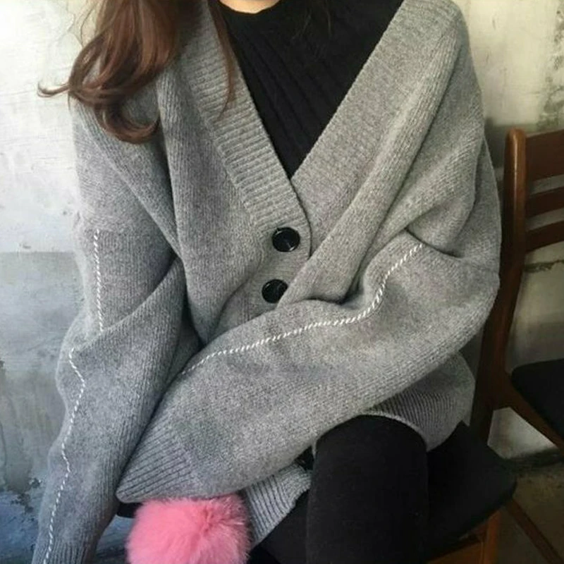 

2019 Korean Style Women Autumn Sweater Breasted Buttons Cardigan Knitted Jacket Outwear Female Oversized Sweaters