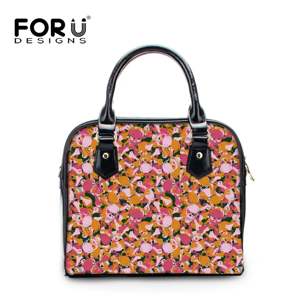 

FOURDESIGNS PU Leather Small Handbags Women Floral Skull Print Fashion Ladies Totes Shoulder Bags Temperament Elegant Sac Femme