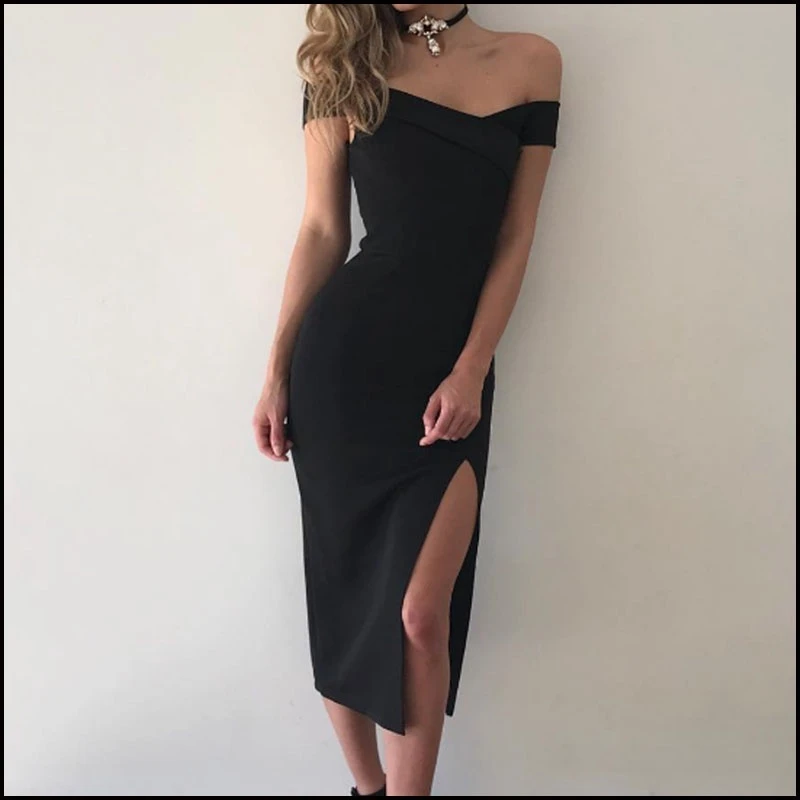 

new vogue Womens dress Bodycon slim side slit slash neck solid vestidos Dress elegant Lady Cocktail Party clubwear summer Dress