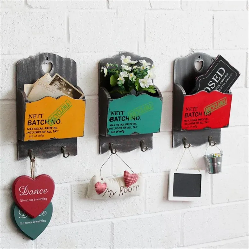 

Vintage Multifunction Storage Holder & Rack Wooden Letter Box Keys Hanging Hooks Flower Wall Hanger Sundries Wood Bathroom Shelf