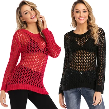 

2019 Woman Spring Autumn Red Black Hollow Out Kntting Sweaters Sexy O-neck Long Sleeve Perspective Pullovers Casual Loose Tops