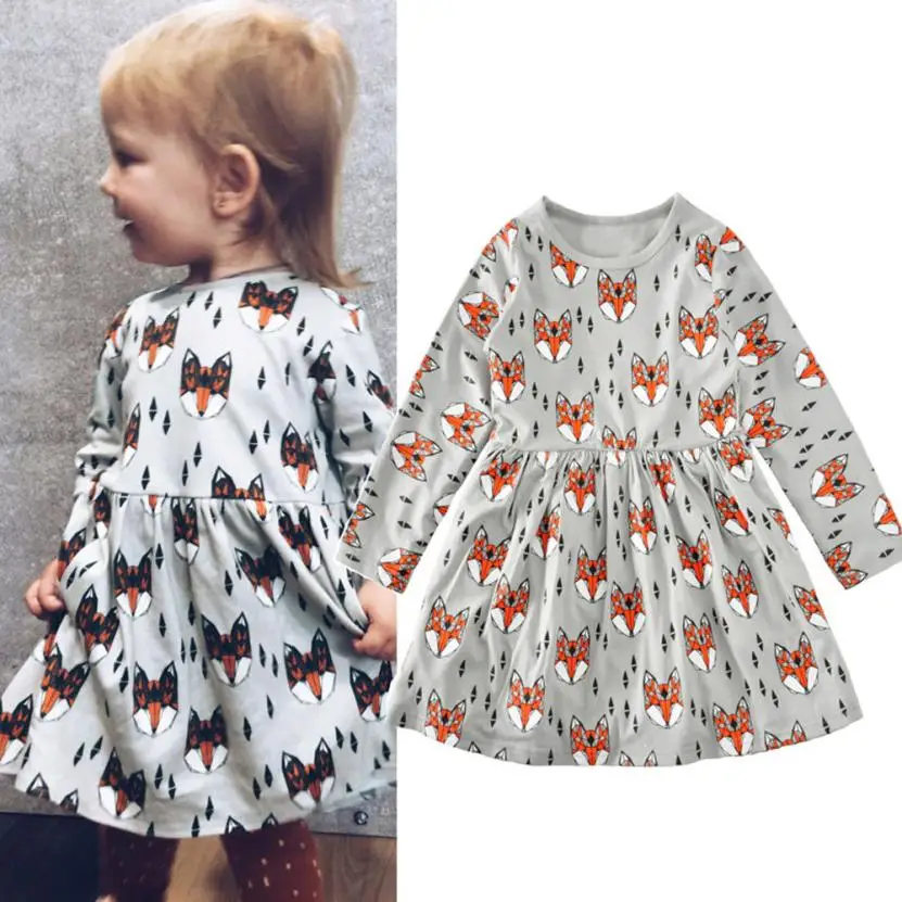 

Girls Dress 2017 Toddler Baby Girl Kid Dress Clothes Long Sleeve Foxes Print Long Sleeve Dress D50