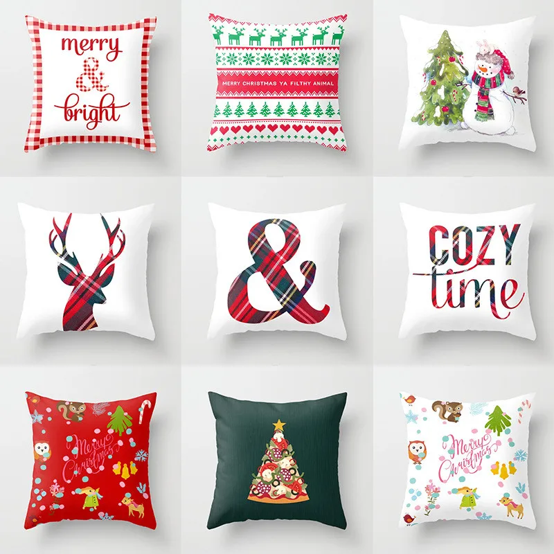 

Merry Christmas Trees Printed Animals Cushion Cover 45x45cm Polyester Deer Throw Pillow Covers Festival Decoration Happy Pillows