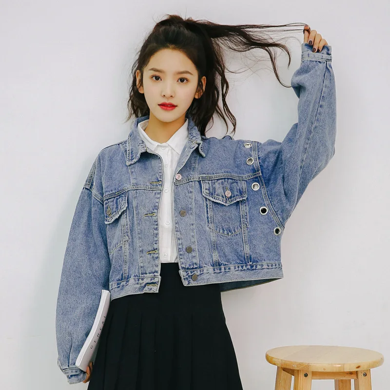 

Women's Denim Jacket Korean Short Coat Long Sleeve Turn Down Collar Tops Harajuku Casual Outwear Women Clothes Chaqueta Mujer