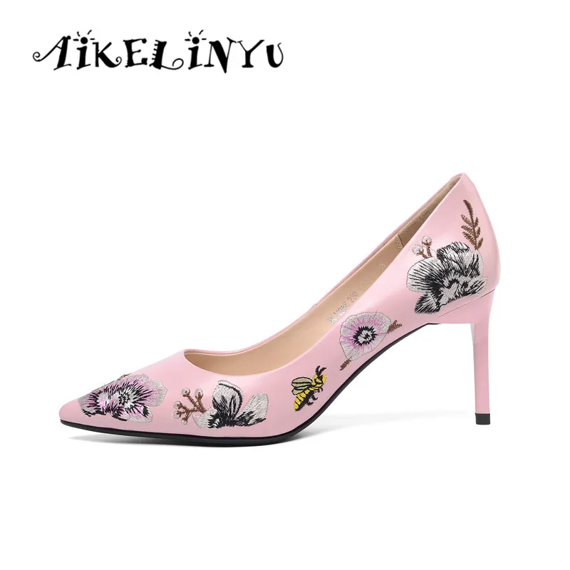 

AIKELINYU 2019 Embroidery Genuine Leather Ladies Heels Shoes Woman Pink High Heel Shoes Fashion Nude Pumps Women Wedding Shoes