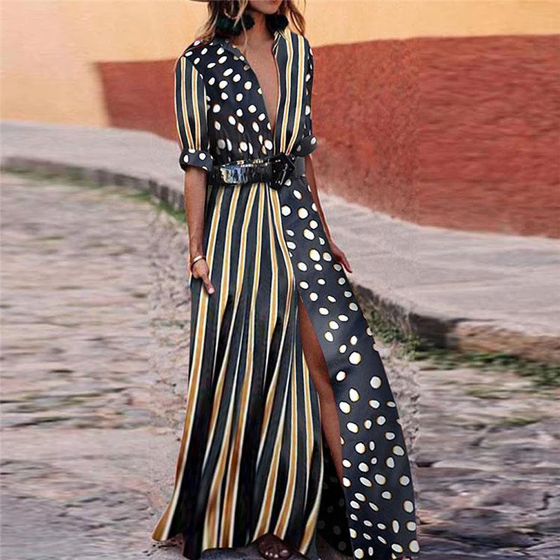 

Women Vintage Long Dress Fashion ladies Patchwork Dots Striped Shirt dress High Slip Party Cocktail Summer Beach Sundress