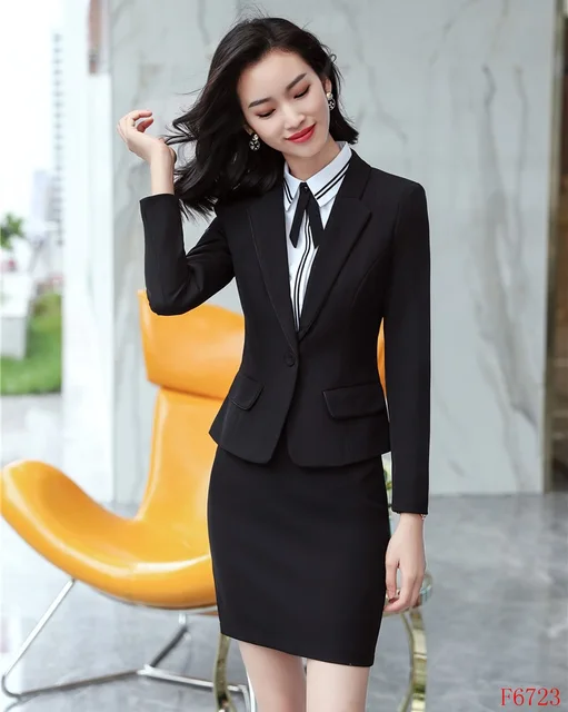 New Style 2019 Fashion Formal Ladies Black Blazer Women Business Suits with Skirt and Jacket Sets Office Uniform Designs